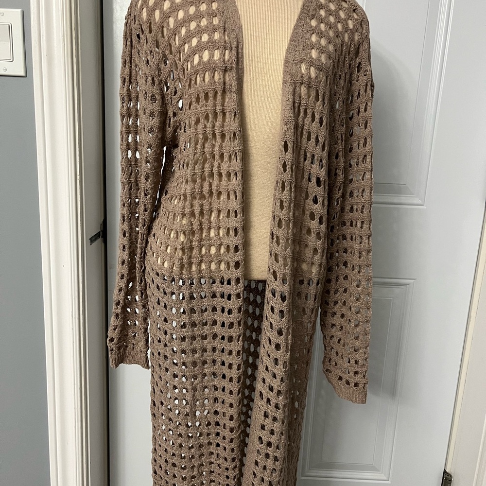 🔥005–Miracle Brown Open-Knit Long Cardigan